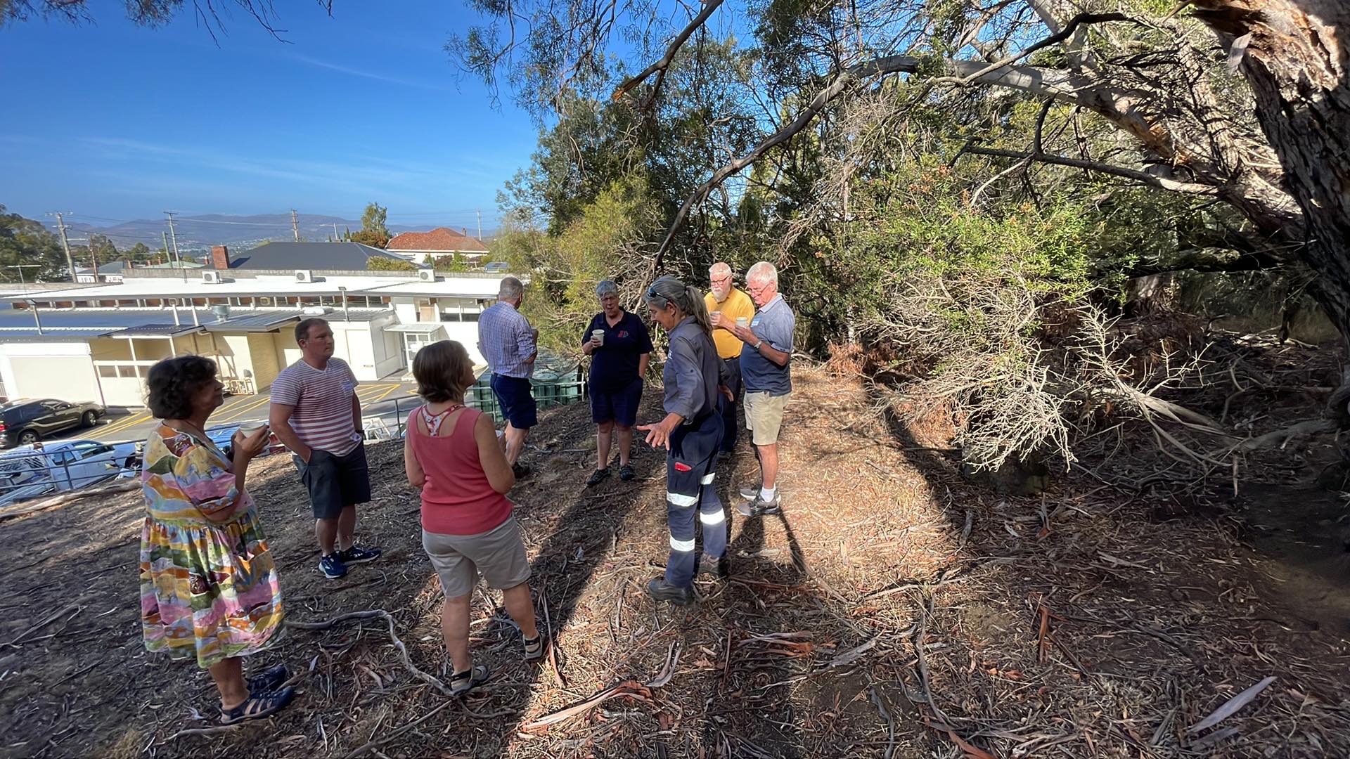 Interested community members and City of Hobart staff standing in the Haldane Reserve during a tea break, discussing their interests.